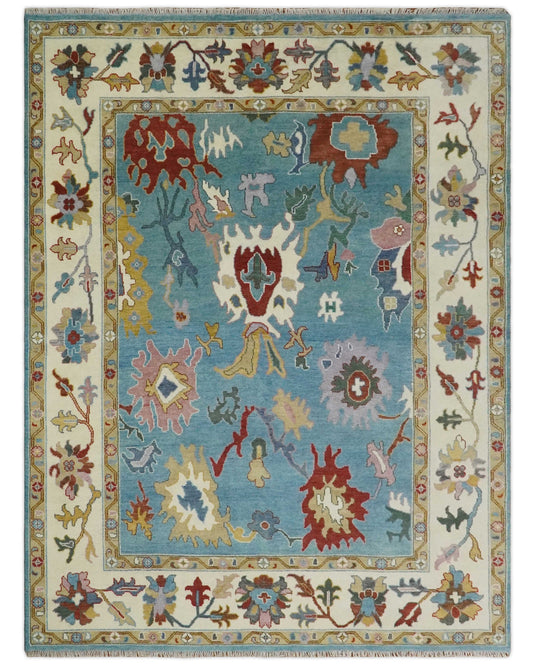Hand knotted Turkish Oushak 9x12 Traditional Blue Ivory Vibrant Colorful Rug, Vintage Antique Living Room and Bedroom | CP720912