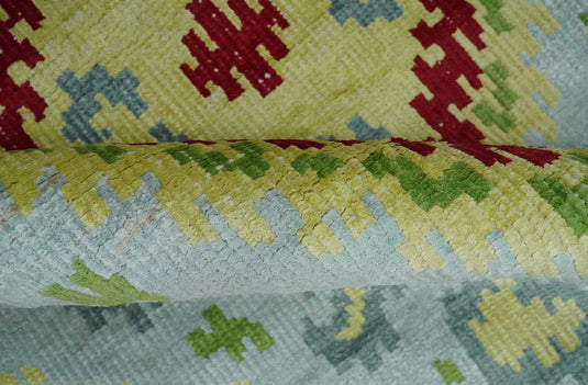 Hand Knotted Persian made of Recycled Silk Area Rug, Silver, mustard and red, 4.5x6.5 | OP129