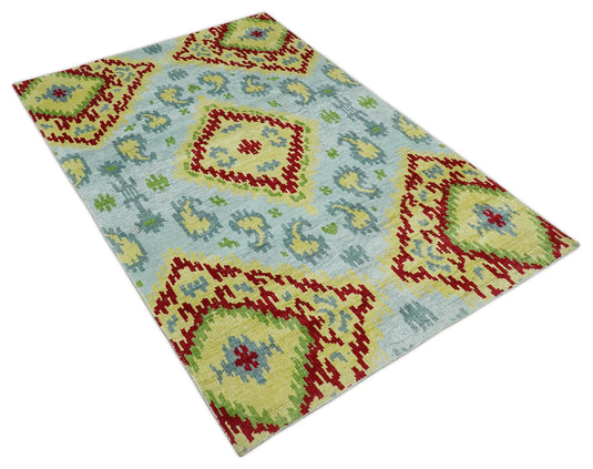 Hand Knotted Persian made of Recycled Silk Area Rug, Silver, mustard and red, 4.5x6.5 | OP129