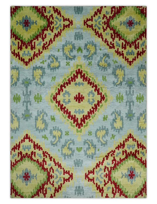 Hand Knotted Persian made of Recycled Silk Area Rug, Silver, mustard and red, 4.5x6.5 | OP129