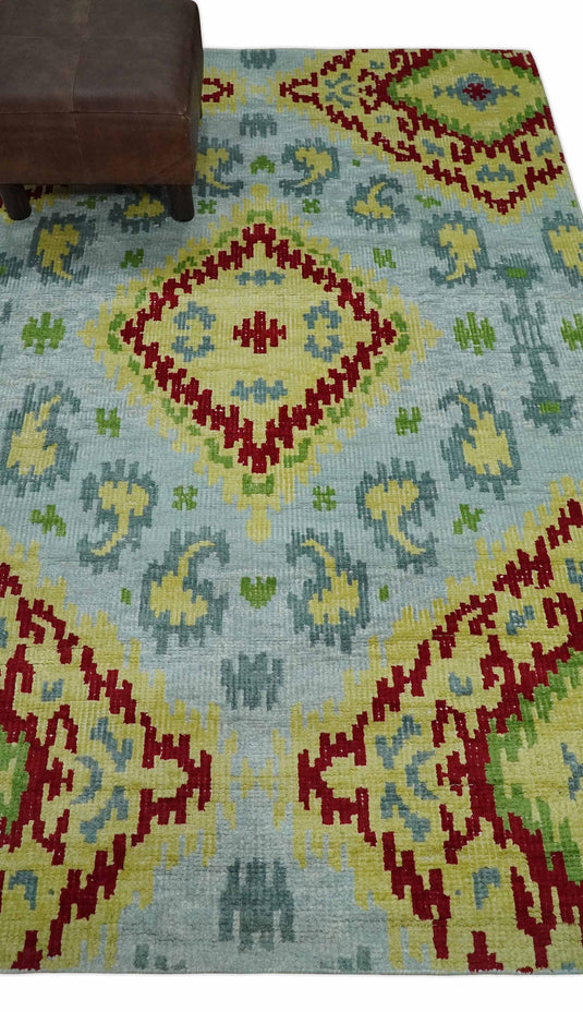 Hand Knotted Persian made of Recycled Silk Area Rug, Silver, mustard and red, 4.5x6.5 | OP129