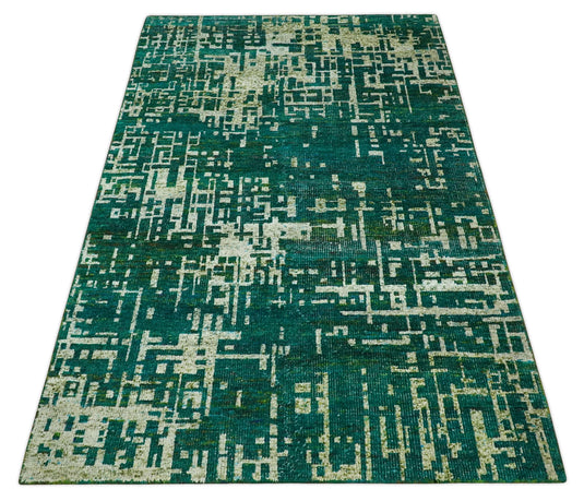 Hand Knotted Modern Abstract Contemporary Recycled Silk Area Rug, Teal green, Olive and Beige, 5x8| OP13058