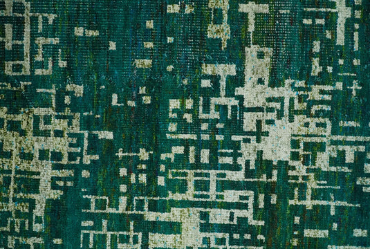 Hand Knotted Modern Abstract Contemporary Recycled Silk Area Rug, Teal green, Olive and Beige, 5x8| OP13058