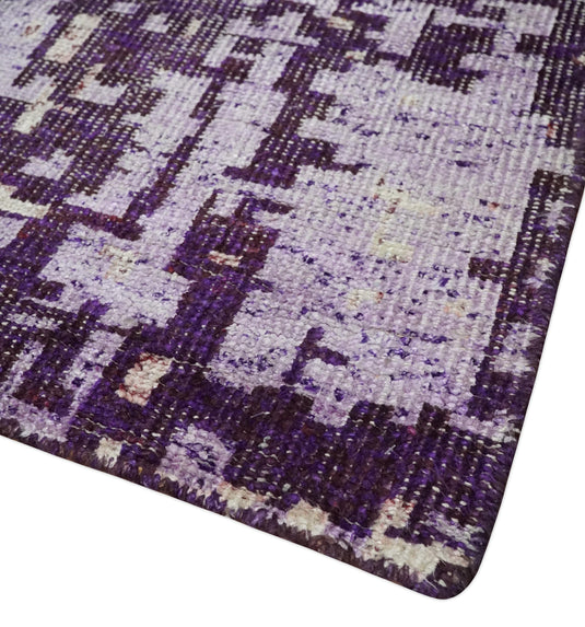 Hand Knotted Modern Abstract Contemporary Recycled Silk Area Rug, Purple, Violet and Ivory, 5x8 | OP13158