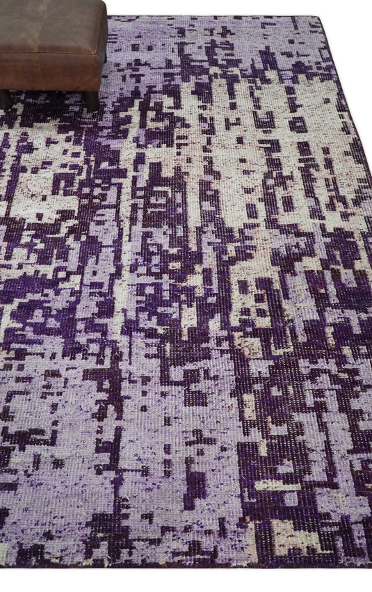 Hand Knotted Modern Abstract Contemporary Recycled Silk Area Rug, Purple, Violet and Ivory, 5x8 | OP13158