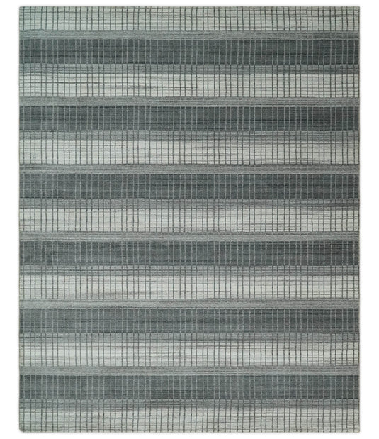 Flatwoven Modern Hand Made Stripes Scandinavian Blended Wool Area Rug, Ivory, Grey and Brown, 8x10 | KE23810