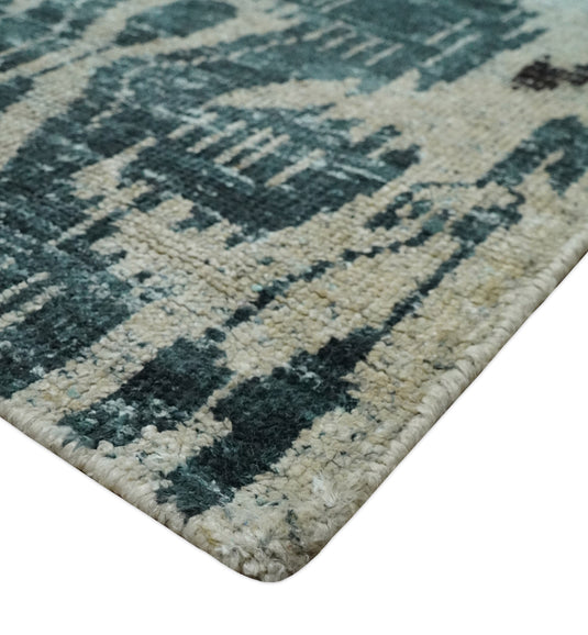 Hand Knotted Antique Persian Style Contemporary Recycled Silk Area Rug, Ivory, Teal and Brown, 9x12 | OP38