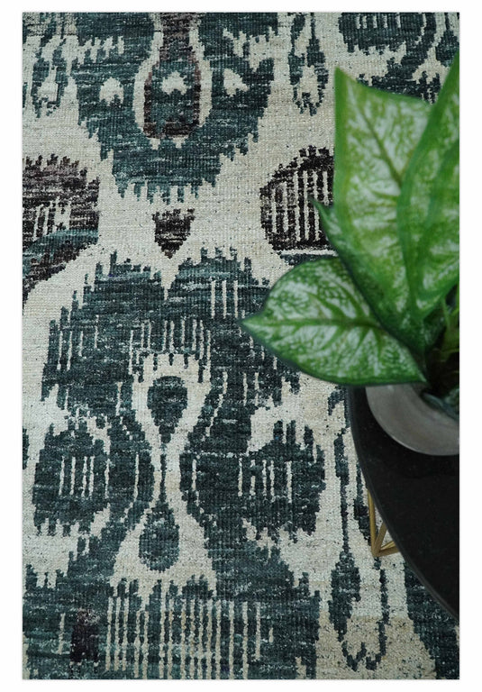 Hand Knotted Antique Persian Style Contemporary Recycled Silk Area Rug, Ivory, Teal and Brown, 9x12 | OP38