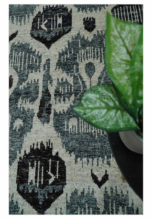 Hand Knotted Persian Style Contemporary Recycled Silk Area Rug, Ivory, Teal and Black Antique, 8x10 | OP39810