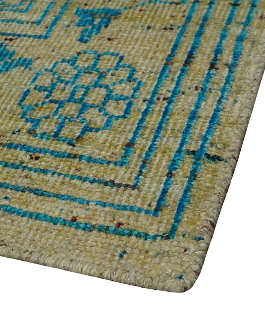 Antique Hand Knotted Persian made of Recycled Silk Area Rug, Camel and Blue , 8x10 | OP42810