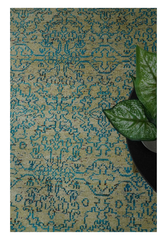 Antique Hand Knotted Persian made of Recycled Silk Area Rug, Camel and Blue , 8x10 | OP42810