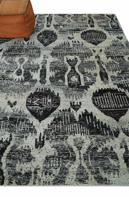 Hand Knotted Antique Persian Style Contemporary Recycled Silk Area Rug, Ivory, Charcoal and Brown, 8X10| OP46