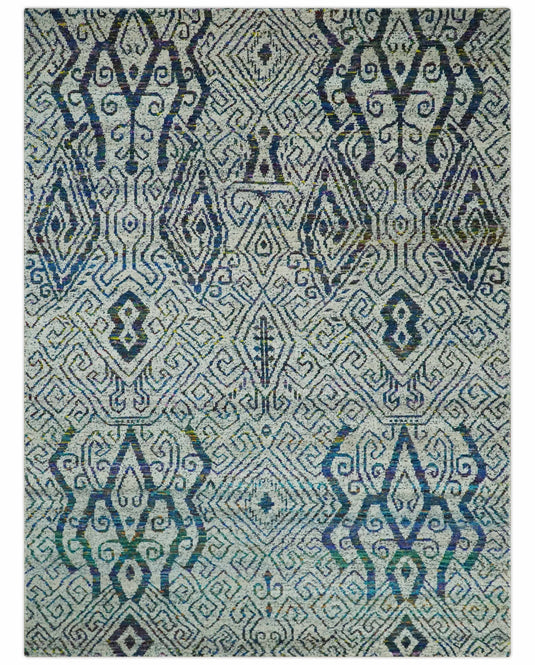 Antique Hand Knotted Persian made of Recycled Silk Area Rug, Ivory, Teal and Blue, 9x12 | OP48912