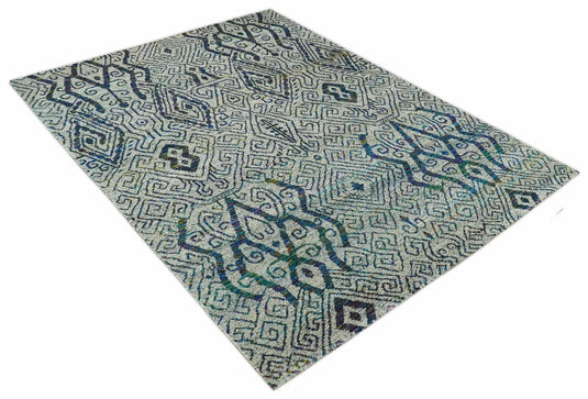 Antique Hand Knotted Persian made of Recycled Silk Area Rug, Ivory, Teal and Blue, 9x12 | OP48912
