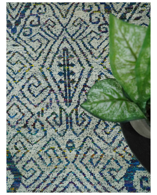 Antique Hand Knotted Persian made of Recycled Silk Area Rug, Ivory, Teal and Blue, 9x12 | OP48912