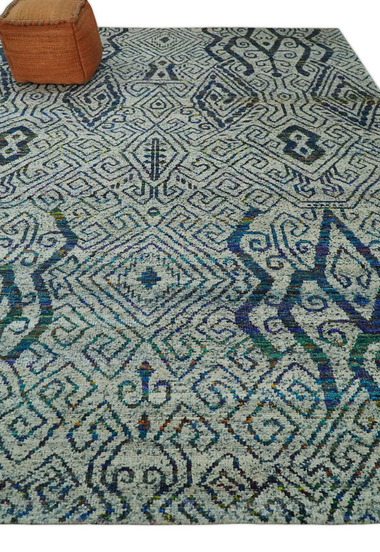 Antique Hand Knotted Persian made of Recycled Silk Area Rug, Ivory, Teal and Blue, 9x12 | OP48912