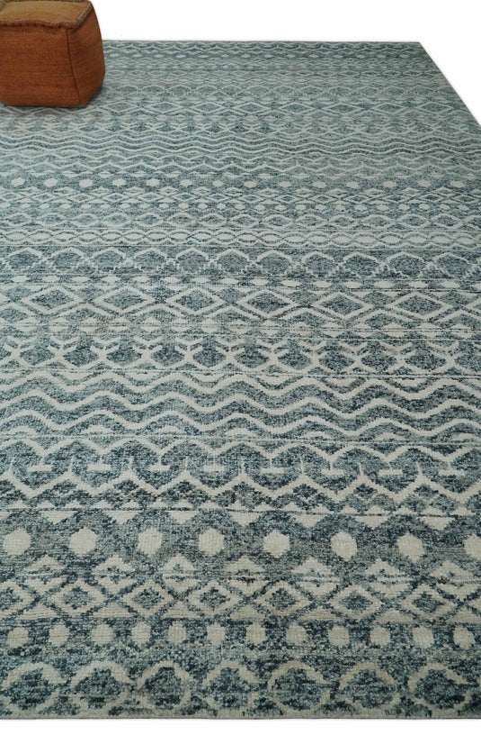 Hand Knotted Modern Contemporary Southwestern Tribal Trellis Recycled Silk Area Rug, Ivory and Teal Blue, 9X13 | OP51913