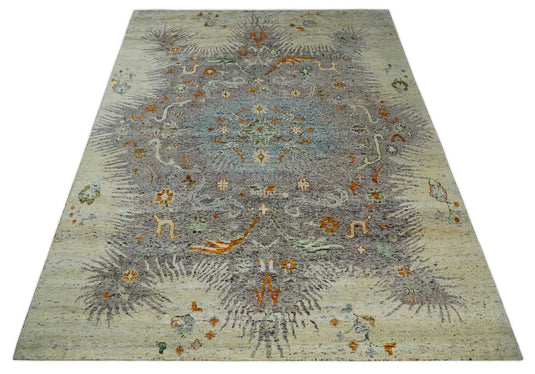 Hand Knotted antique Persian Style Contemporary Recycled Silk Area Rug, Blue, Silver and Beige , 10x14 | OP521014