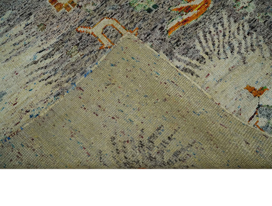 Hand Knotted antique Persian Style Contemporary Recycled Silk Area Rug, Blue, Silver and Beige , 10x14 | OP521014