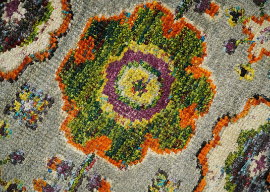 Hand Knotted Persian Oushak made of Recycled Silk Area Rug, Silver, Yellow and Orange, 4x6 | OP5846