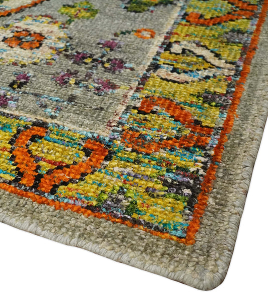 Hand Knotted Persian Oushak made of Recycled Silk Area Rug, Silver, Yellow and Orange, 4x6 | OP5846