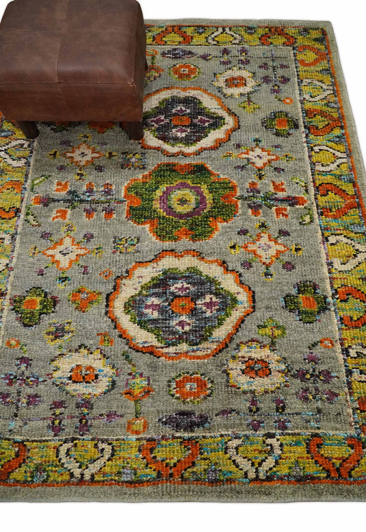 Hand Knotted Persian Oushak made of Recycled Silk Area Rug, Silver, Yellow and Orange, 4x6 | OP5846