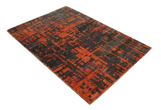 Hand Knotted Modern Abstract Contemporary Recycled Silk Area Rug, Orange and Charcoal, 4x6 | OP6246