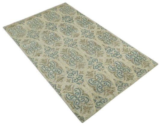 Hand Knotted Persian Style Contemporary Bamboo Silk Area Rug, Beige, Blue and Camel Modern, 5x8 | OP7158