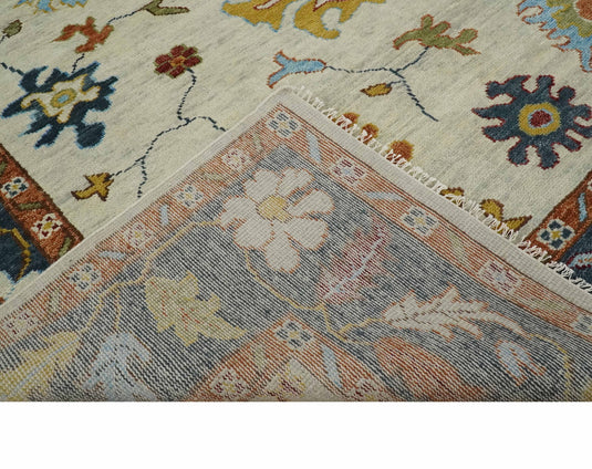 Colorful Wool Oushak Ivory, Teal and Rust Hand Knotted 6x9, 8x10, 9x12 and 10x14 Vintage Persian Rug, Bedroom, Living Room Rug | CP725