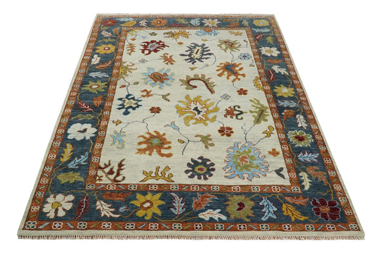 Colorful Wool Oushak Ivory, Teal and Rust Hand Knotted 6x9, 8x10, 9x12 and 10x14 Vintage Persian Rug, Bedroom, Living Room Rug | CP725