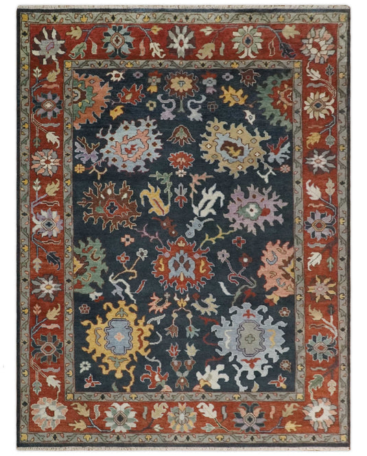 Traditional Hand knotted Oushak 9x12 Wool Charcoal and Rust Area Rug | CP732912