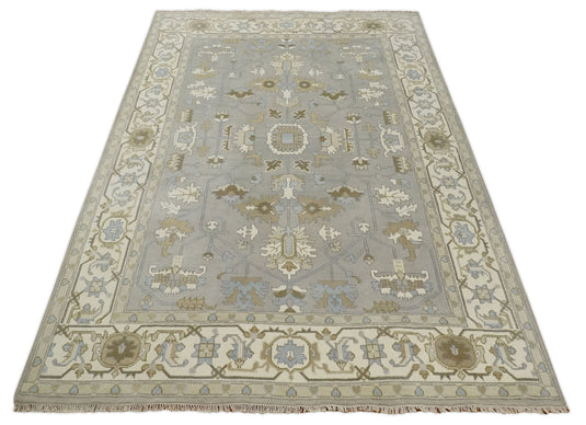 Traditional Silver, Ivory and Brown Hand knotted 9x12 Vintage Oriental Oushak Area Rug, Living Room, Dinning and Kitchen Rug | CP741912