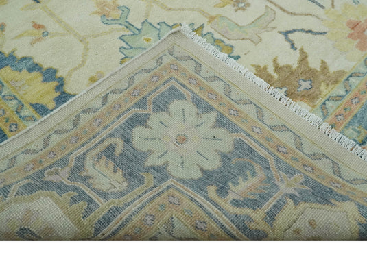 Traditional Ivory, Blue and Gold Hand knotted 9x12 Vintage Oriental Oushak Area Rug, Living Room, Dinning and Kitchen Rug | CP812912