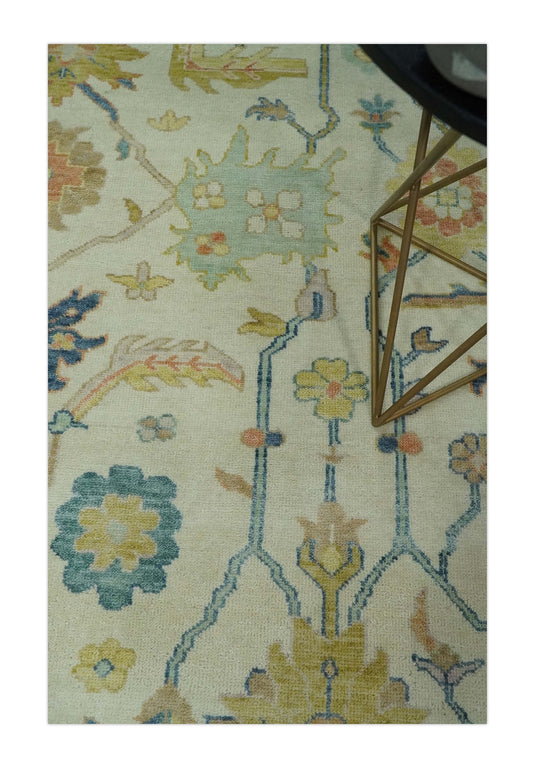 Traditional Ivory, Blue and Gold Hand knotted 9x12 Vintage Oriental Oushak Area Rug, Living Room, Dinning and Kitchen Rug | CP812912