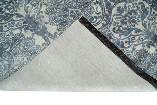 Handmade Blended Wool and Bamboo Silk Damask Design Area Rug, Ivory and Blue, 8x10 | QT13