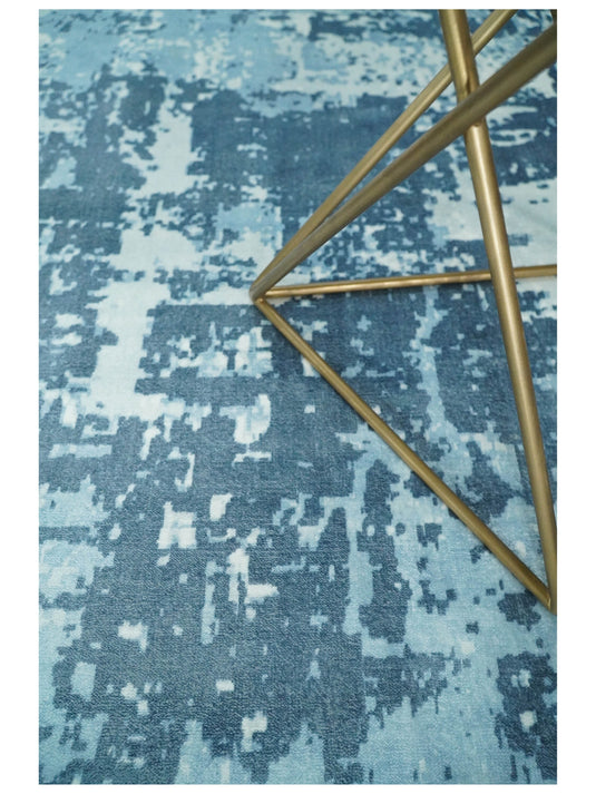 Oversize Large Abstract Blended Wool and Bamboo Silk Area Rug, Blue and White, 8x10, 9x12,10x14 | QT14