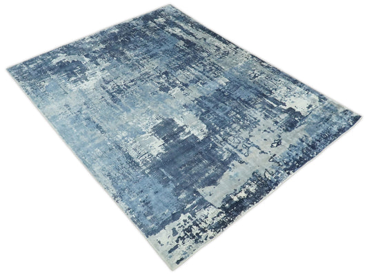 Abstract Modern Bamboo Silk Area Rug, Living Room Rug, Bedroom rug and Dinning room Rug, Blue and grey, 8x10 | QT19810