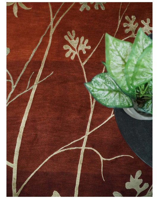 Floral Natural Farmhouse Wool and Silk Hand Woven Rug, Rust and Gold ,6x8 | HL268