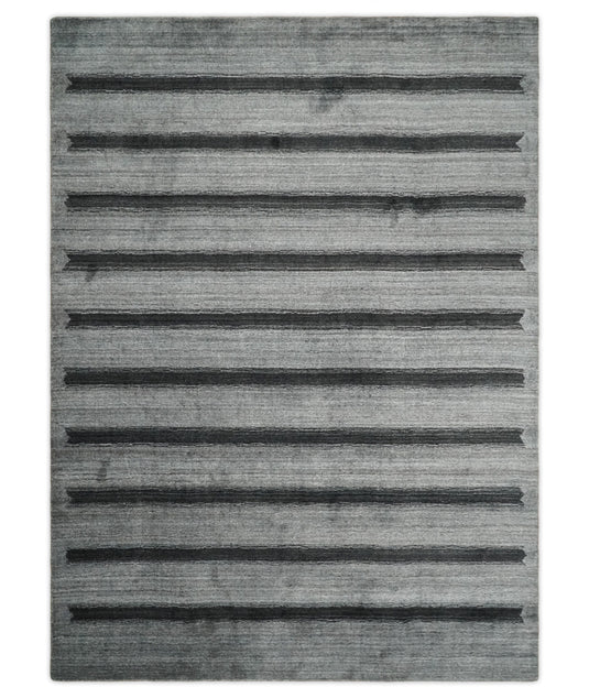 Modern Scandinavian Stripes Style Wool Hand Woven Area Rug Silver and Grey rug, 5x7 | HL11