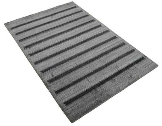 Modern Scandinavian Stripes Style Wool Hand Woven Area Rug Silver and Grey rug, 5x7 | HL11