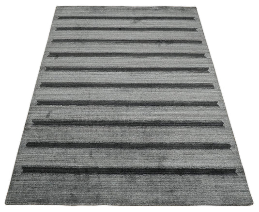 Modern Scandinavian Stripes Style Wool Hand Woven Area Rug Silver and Grey rug, 5x7 | HL11