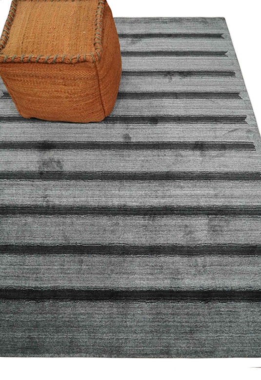 Modern Scandinavian Stripes Style Wool Hand Woven Area Rug Silver and Grey rug, 5x7 | HL11
