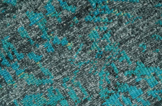 Hand Knotted Modern Style Contemporary Recycled Silk Area Rug, Charcoal and Teal Blue, 5X8