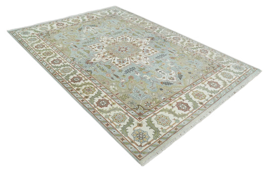 Traditional Hand Knotted 9x12 Blue, Camel and Ivory Antique Persian Serapi Wool Rug | CP834912