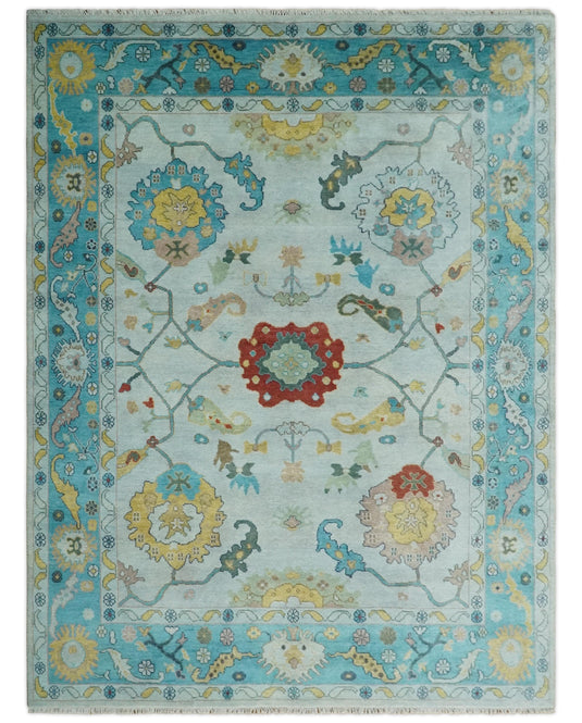 Hand knotted Turkish Oushak 9x12 Traditional Blue Ivory Vibrant Colorful Rug, Vintage Antique Living Room and Bedroom | CP835912