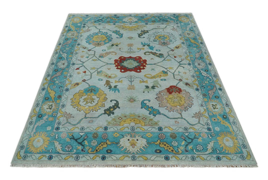 Hand knotted Turkish Oushak 9x12 Traditional Blue Ivory Vibrant Colorful Rug, Vintage Antique Living Room and Bedroom | CP835912