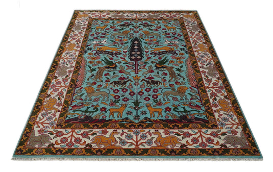 Traditional Vintage Persian Style Antique Wool 9x12 Hand Knotted Blue, Gold and Ivory Jungle Inspired Rug | CP843912