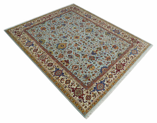 Traditional Vintage Style Antique Wool 9x12 Hand Knotted Blue, Gold and Ivory Rug | CP853