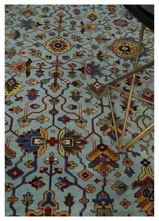 Traditional Vintage Style Antique Wool 9x12 Hand Knotted Blue, Gold and Ivory Rug | CP853