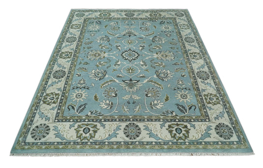 Hand knotted Turkish Oushak 9x12 Traditional Blue Ivory Vibrant Colorful Rug, Vintage Antique Living Room and Bedroom | CP854912